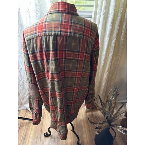 Austin Reed Mens L Cotton Flannel Plaid Shirt Suede Elbow Patches pockets chore - Picture 13 of 14